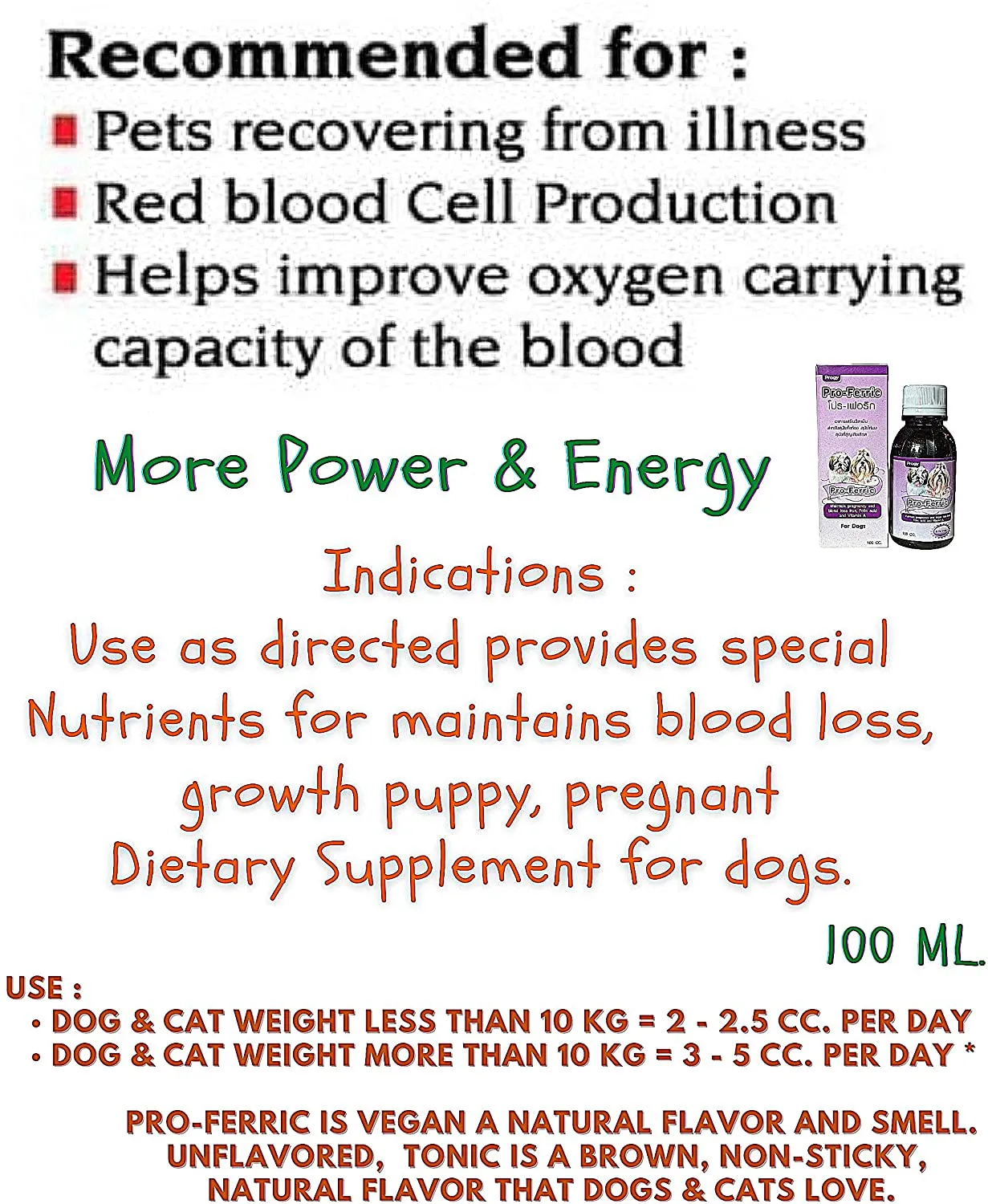 PRO-FERRIC 100 CC. Liquid Tonic Best Pet Booster Blood Support for Dogs Puppies Iron & Multi Vitamins Supplement Super Increasing Animal Immunity Energy & Power, Folic B6 B12 Promotes Red Blood Cell