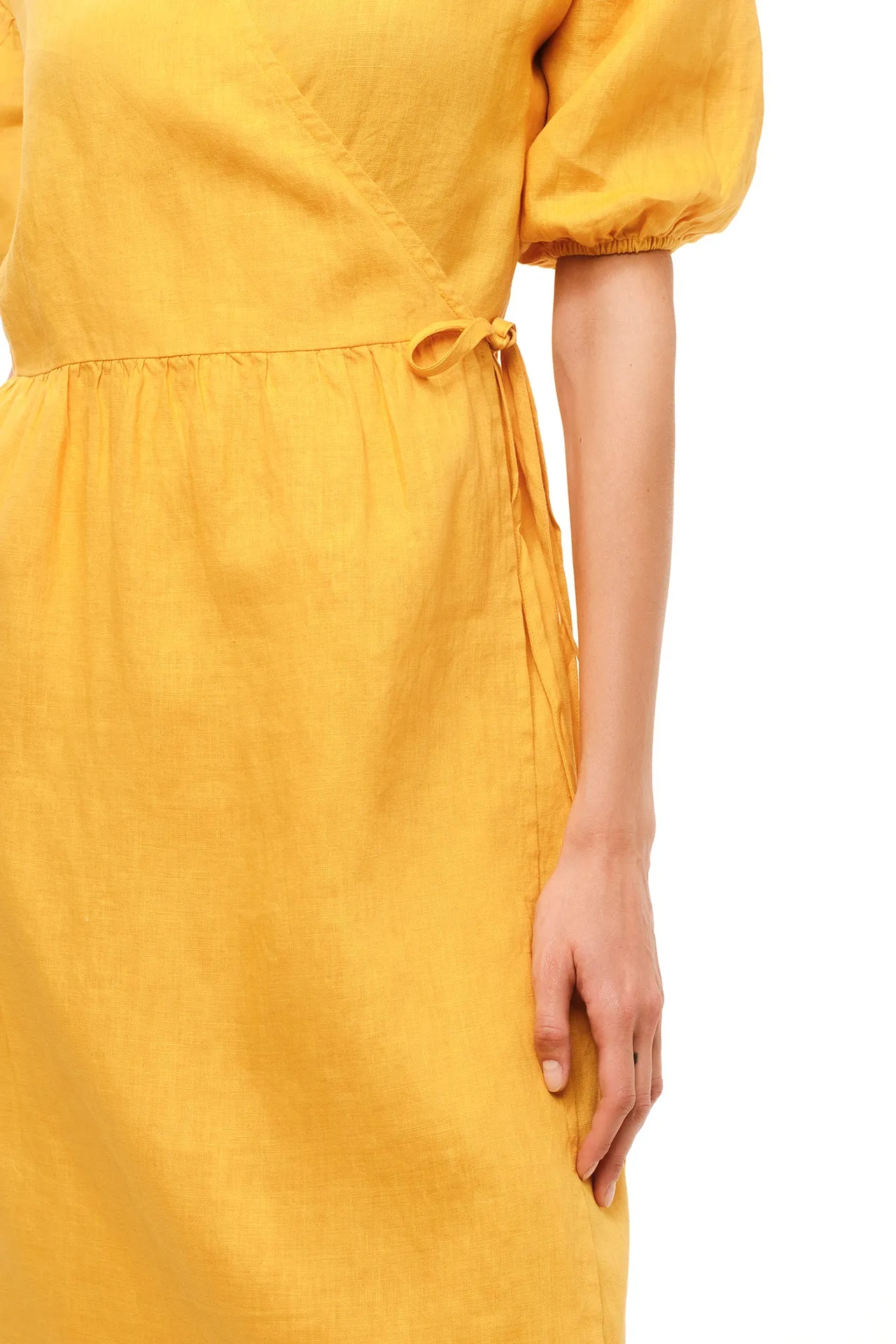 Puffy Sleeve Linen Midi Dress Yellow