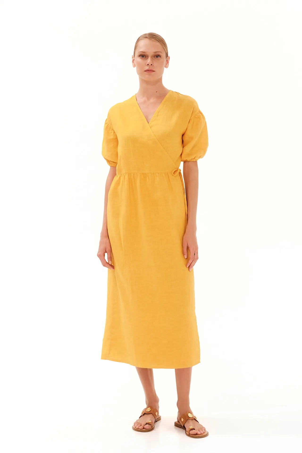 Puffy Sleeve Linen Midi Dress Yellow