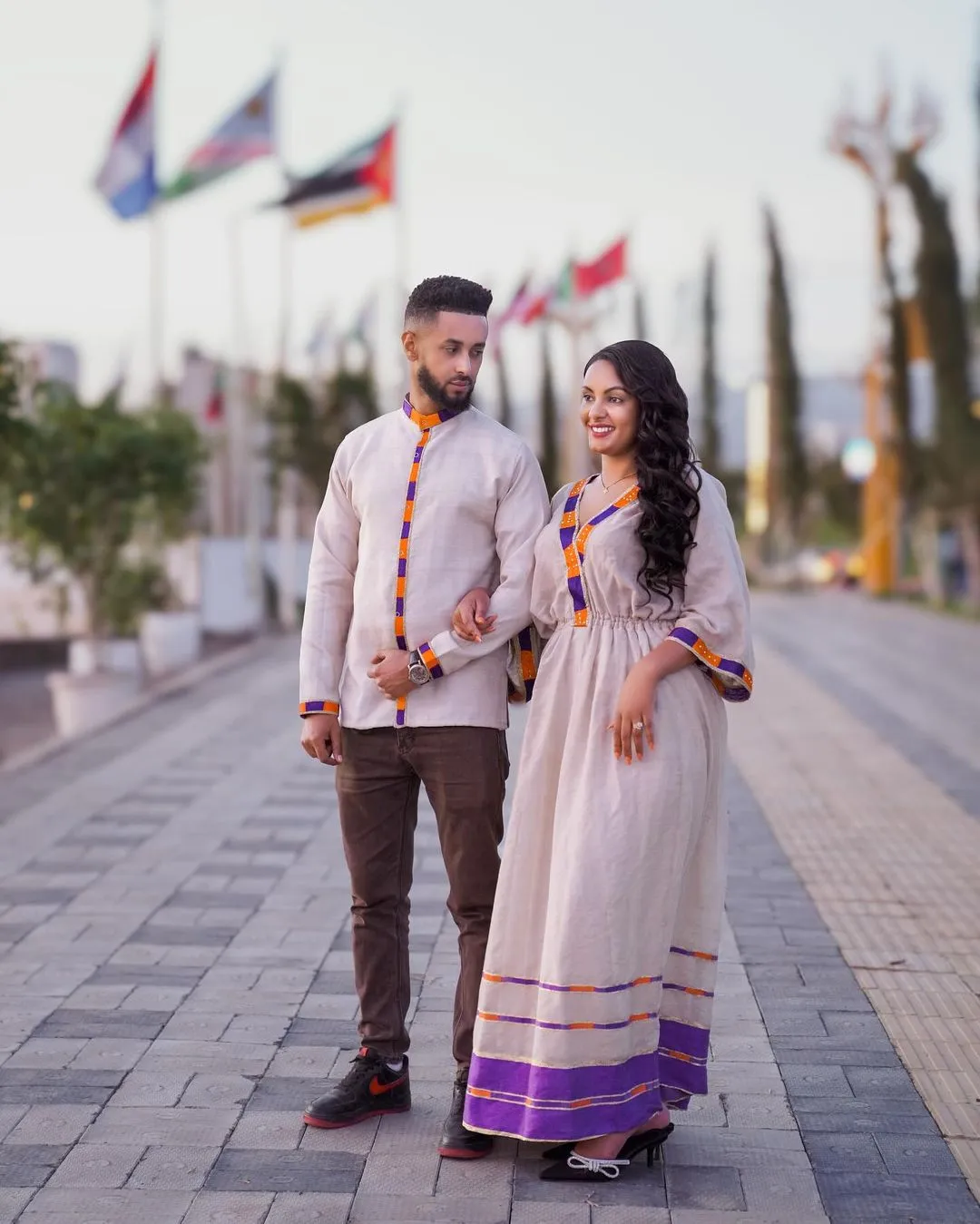 Purple and Orange Design Habesha Couples Outfit Modern Ethiopian Wedding Outfit Matching Couples Outfit