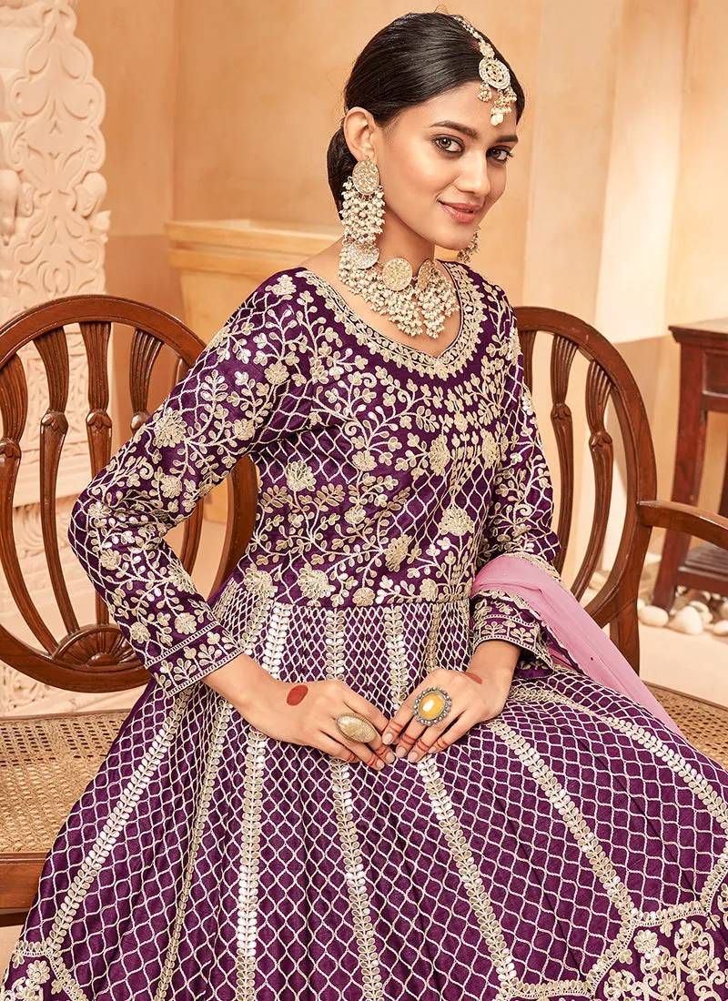 Purple Embroidered Silk Anarkali Suit