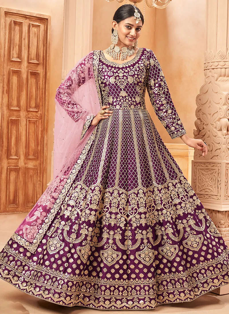 Purple Embroidered Silk Anarkali Suit