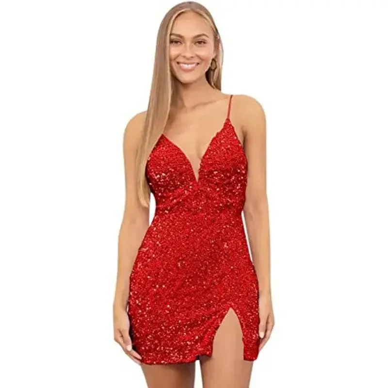 Radiant Rose Red V-neck Mini Cocktail Dress