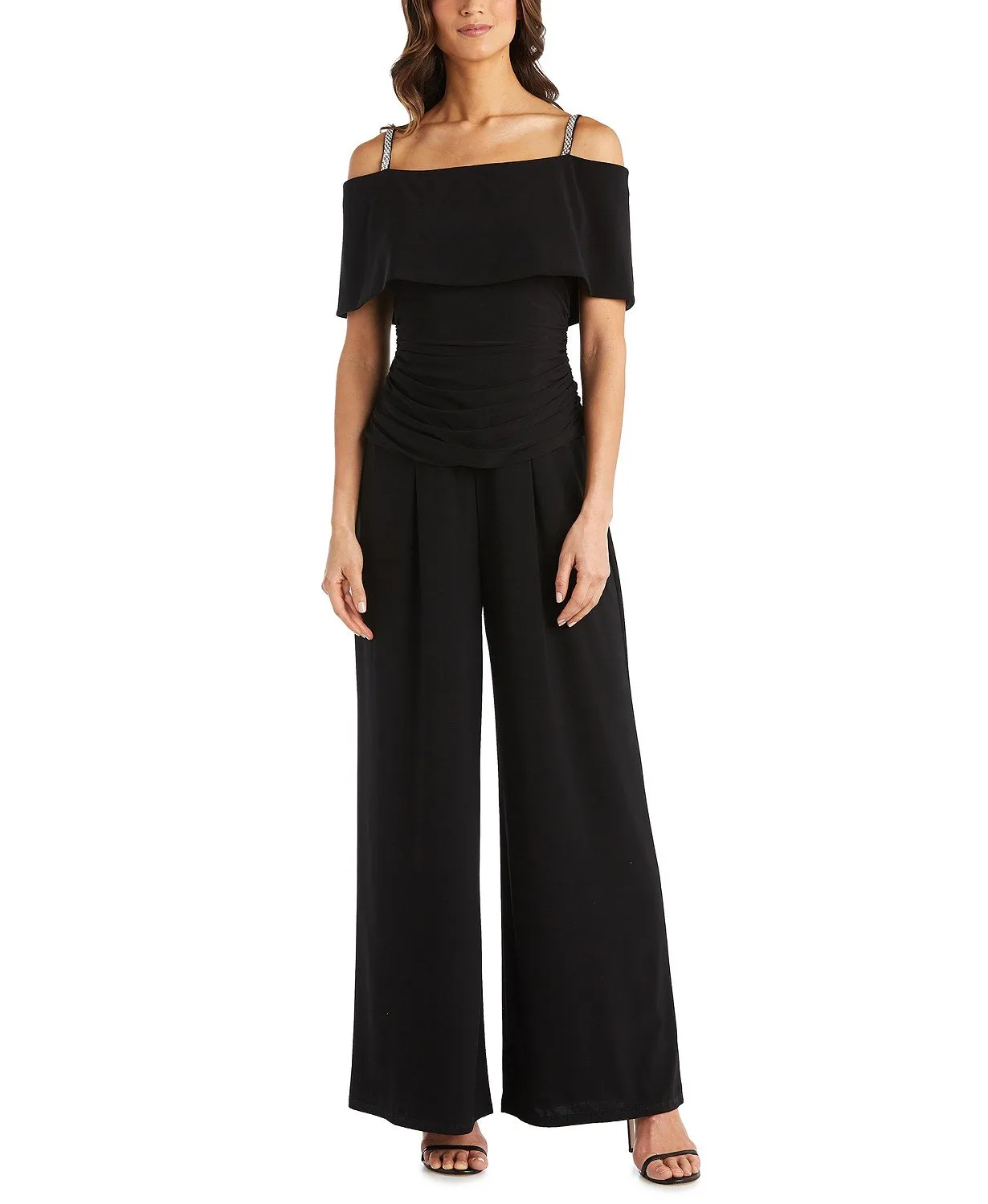 R&M Richard's Petite Women's Cold Shoulder Ruched Waist Jumpsuit - Wedding Guest Outfit Petite