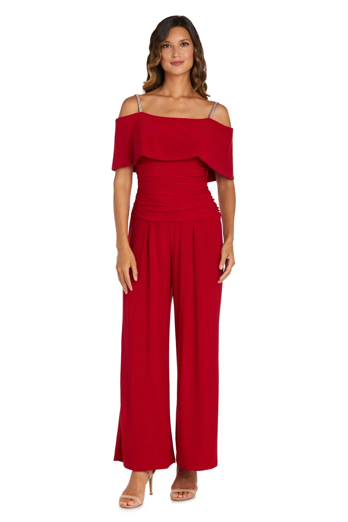 R&M Richard's Petite Women's Cold Shoulder Ruched Waist Jumpsuit - Wedding Guest Outfit Petite