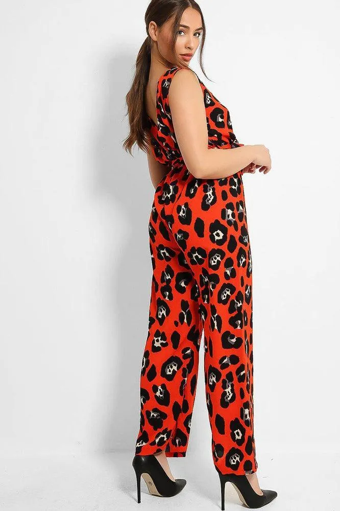 Red Black Leopard Print Sleeveless Jumpsuit