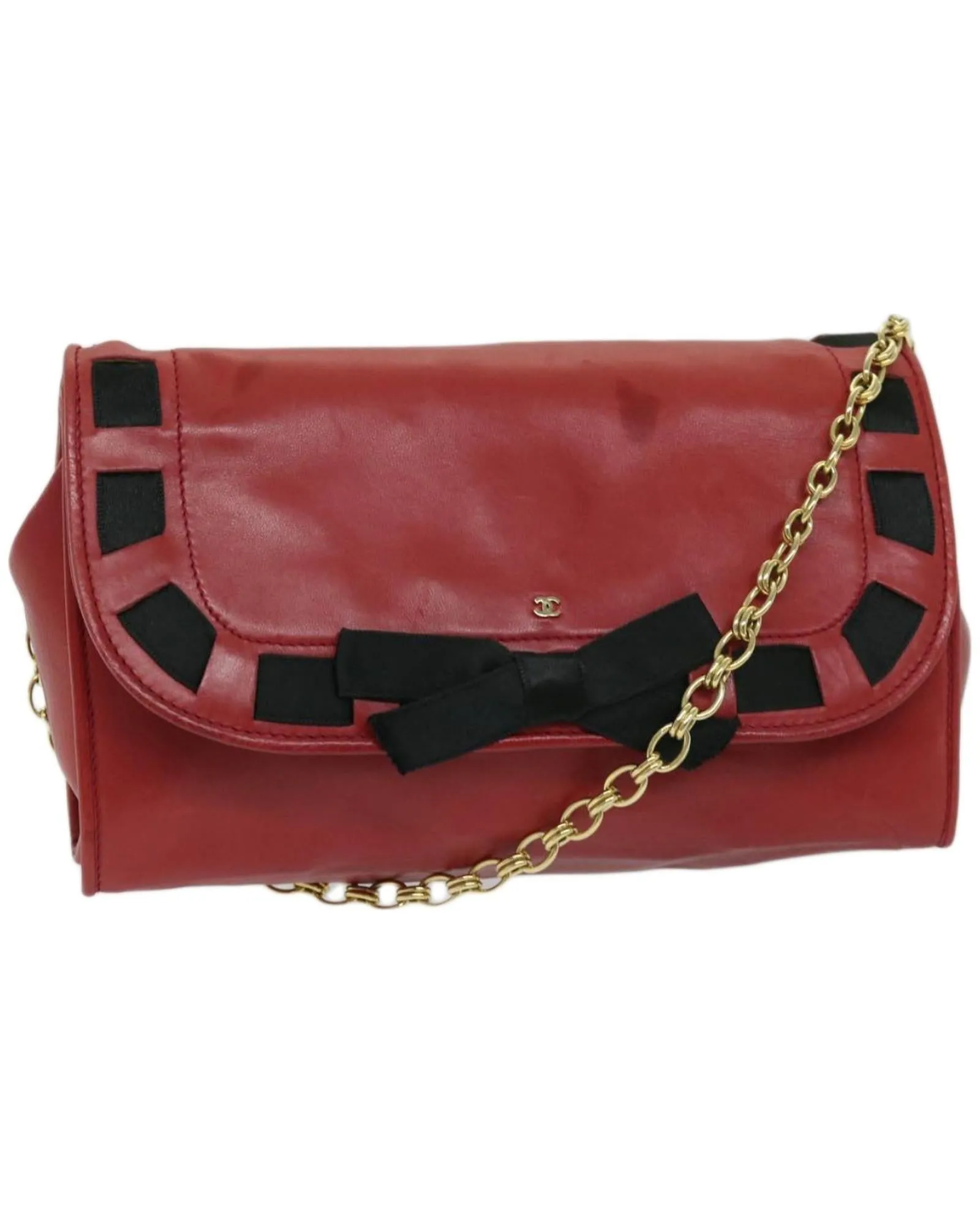 Red Lamb Skin Chain Shoulder Bag with COCO Mark Ribbon Detail