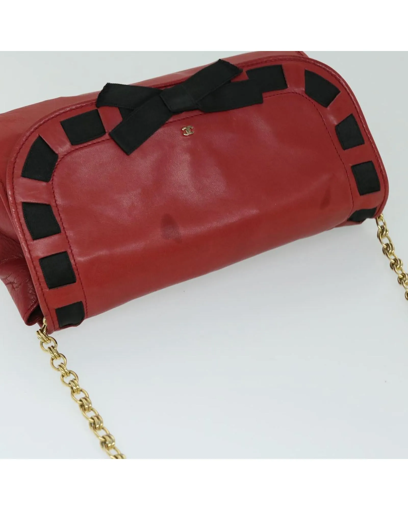 Red Lamb Skin Chain Shoulder Bag with COCO Mark Ribbon Detail