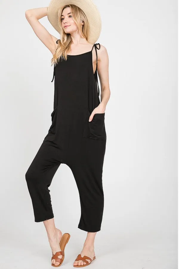 Relaxed Fit Jumpsuit With Tie Shoulder Straps