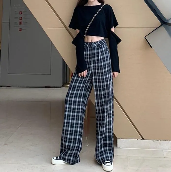 Retro Loose Straight High Waist Plaid Pants