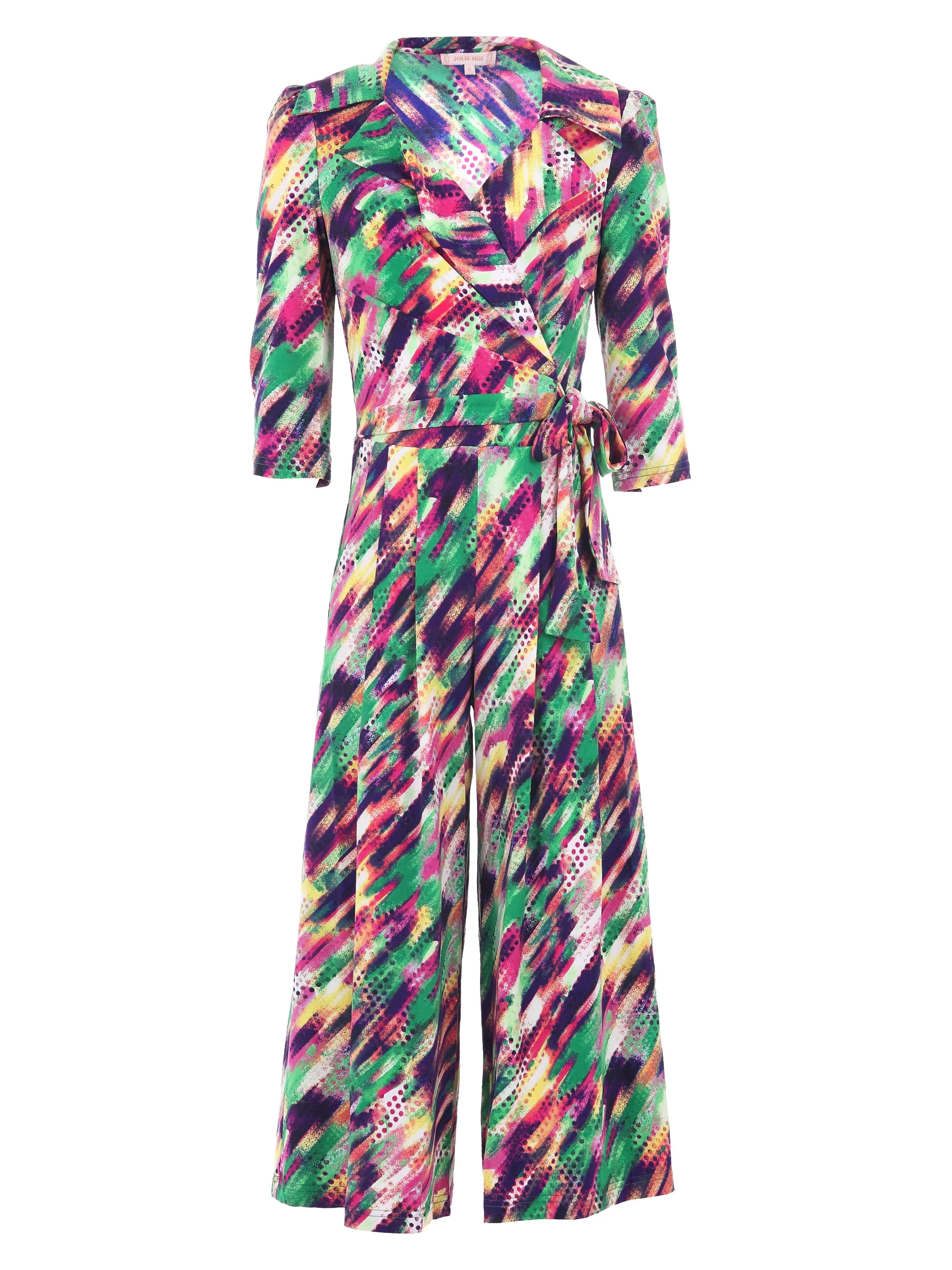 Revere Collar Tie Waist Jumpsuit, Green Multi