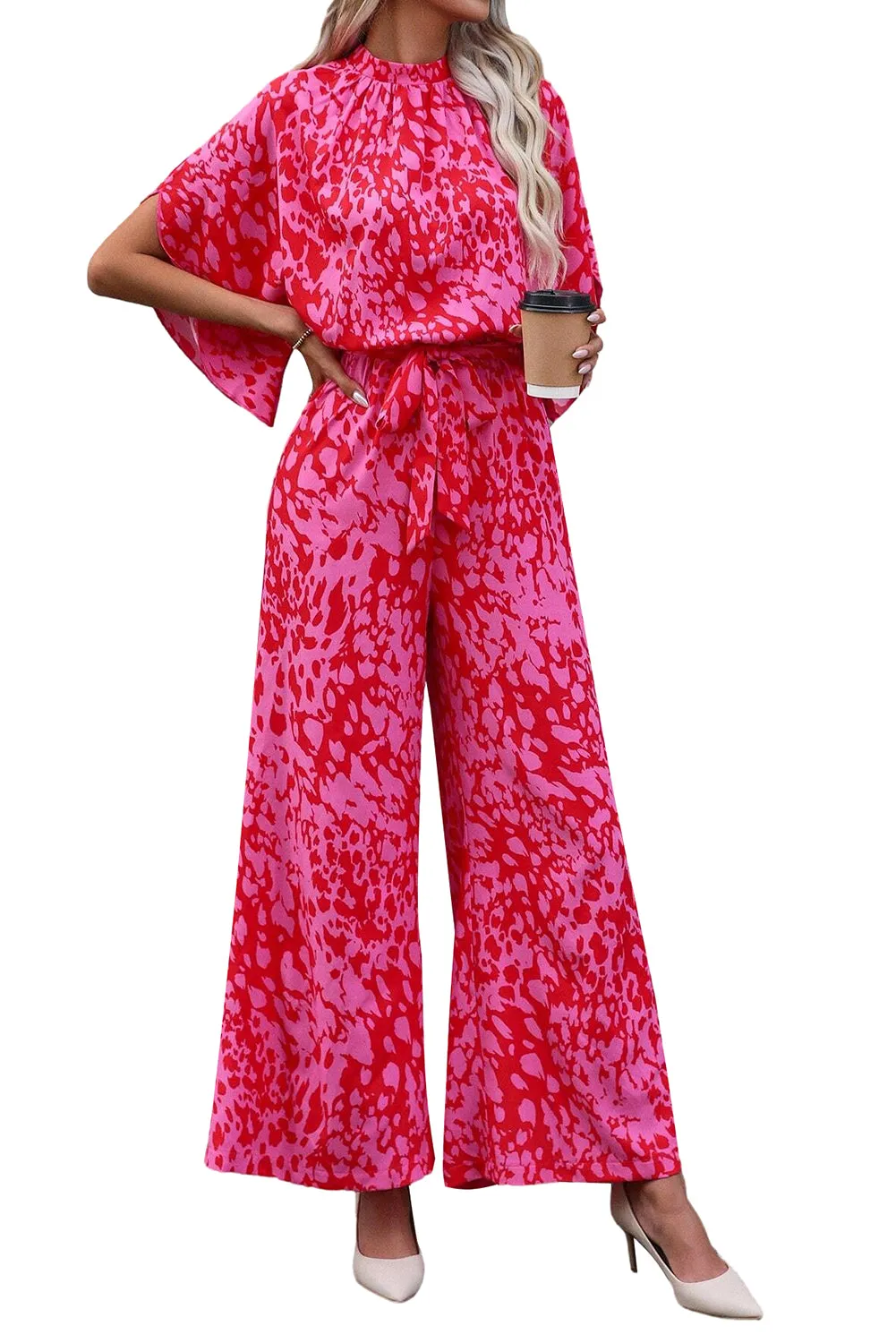 Rose Leopard Print Flounce Sleeve Belted Wide Leg Jumpsuit