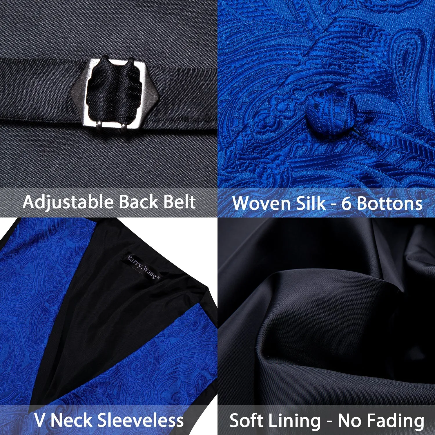 Royal Blue Formal Floral Jacquard  Men's Vest Tie Hanky Cufflinks Silk Set