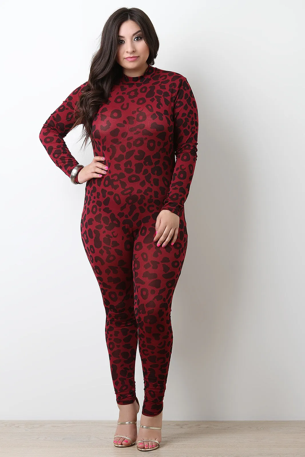 Semi-Sheer Leopard Mock Neck Jumpsuit