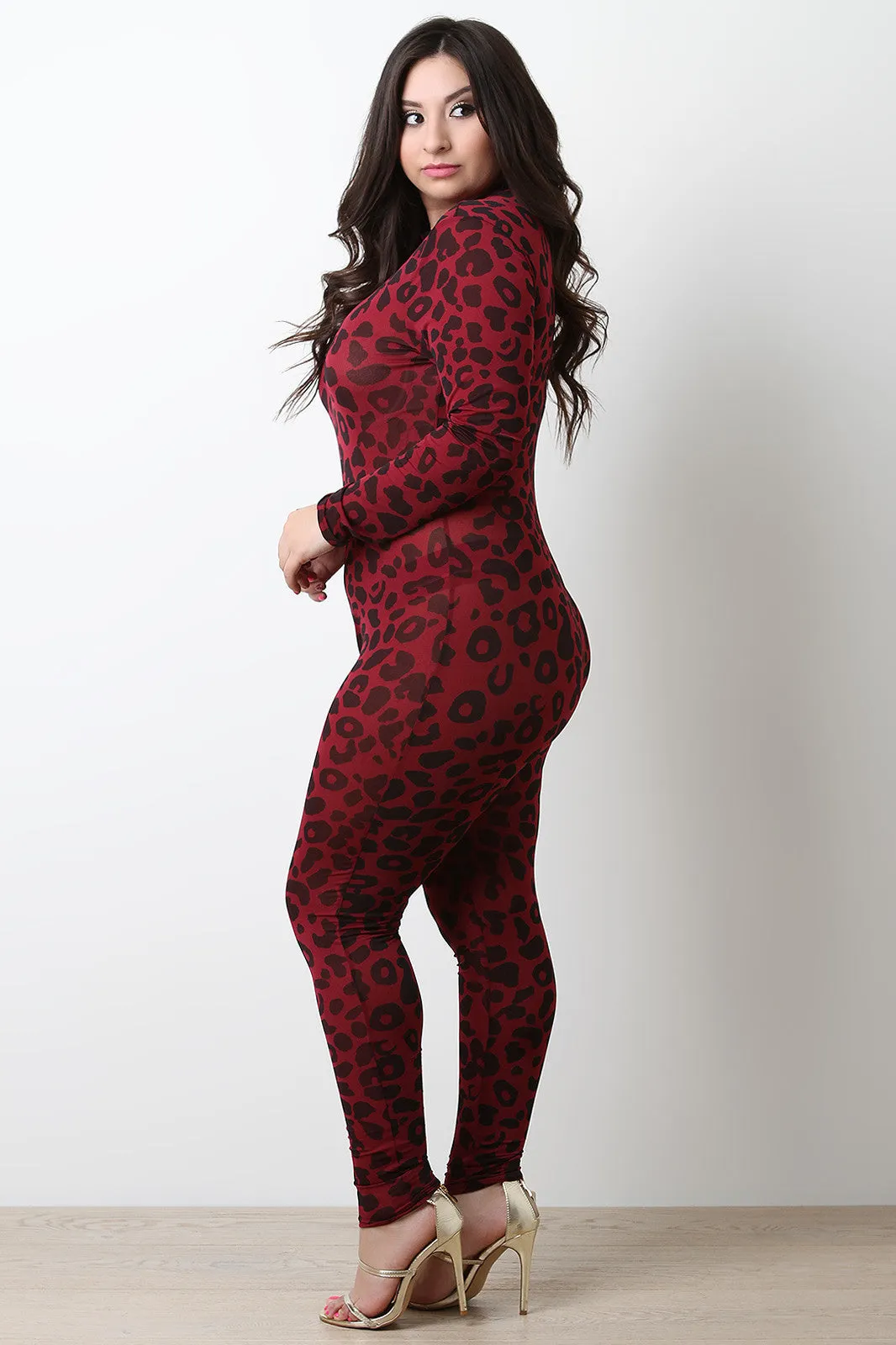 Semi-Sheer Leopard Mock Neck Jumpsuit