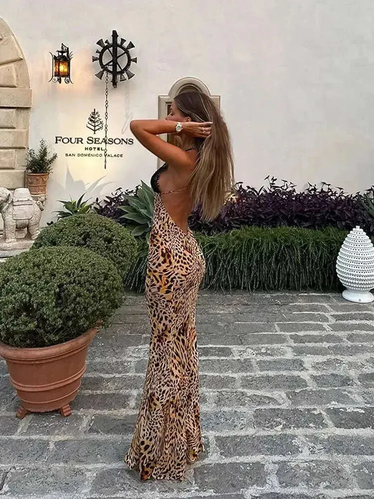 Sexy Leopard Lace Patchwork Maxi Halter Dress for Women Fashion Deep V Neck Backless Long Dresses  Female Holiday Vestidos