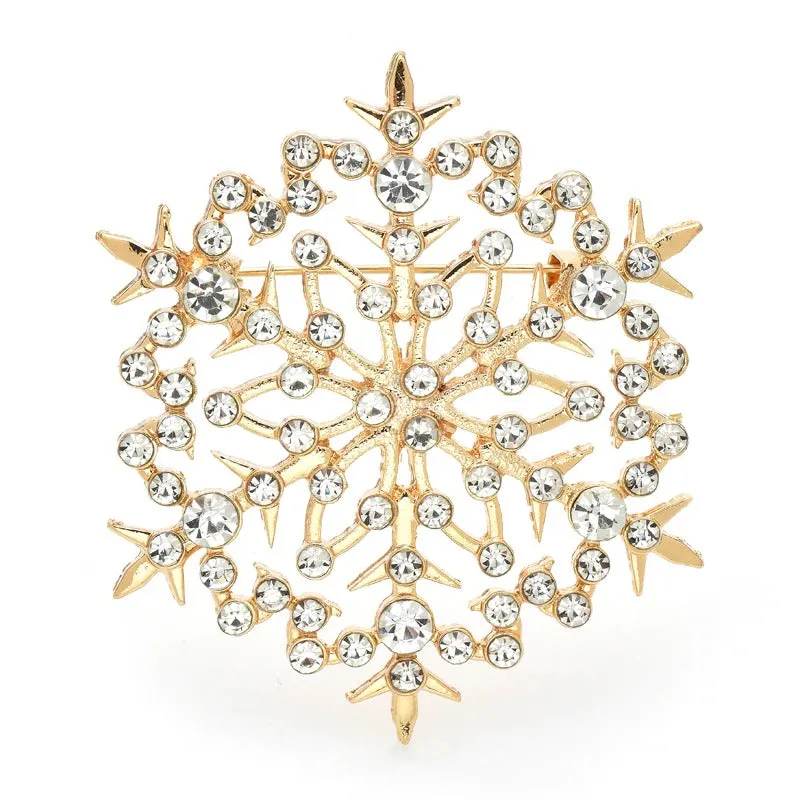 Shimmering Rhinestone Encrusted Winter Snowflake Brooch Pins