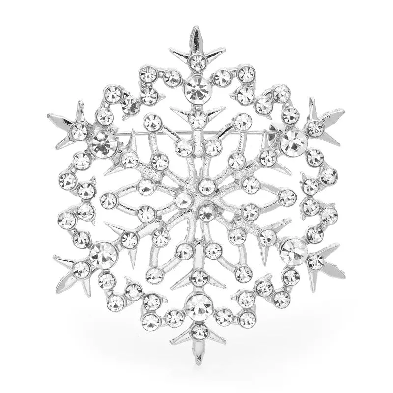 Shimmering Rhinestone Encrusted Winter Snowflake Brooch Pins