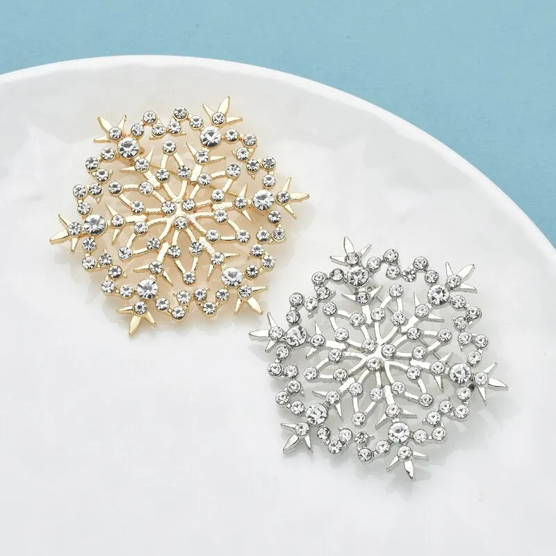 Shimmering Rhinestone Encrusted Winter Snowflake Brooch Pins