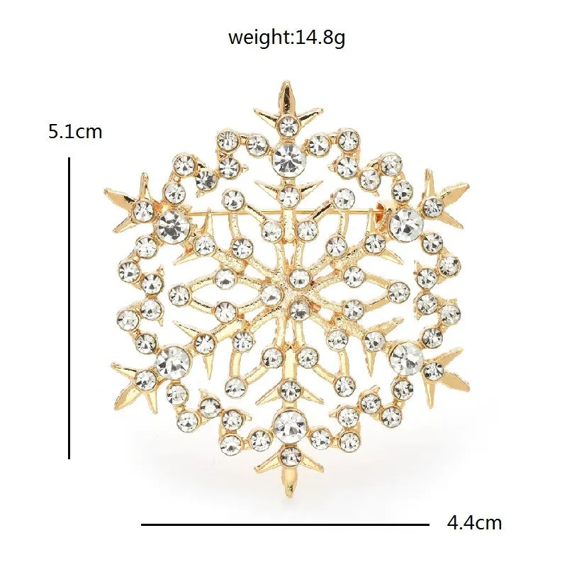 Shimmering Rhinestone Encrusted Winter Snowflake Brooch Pins