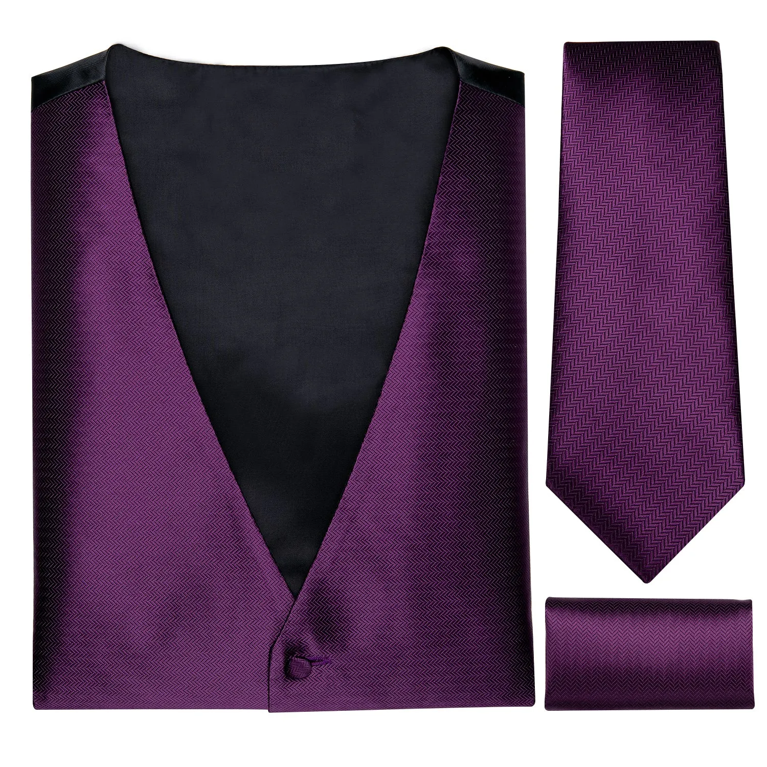 Shining Purple Solid Jacquard Silk Men's Vest Hanky Cufflinks Tie Set