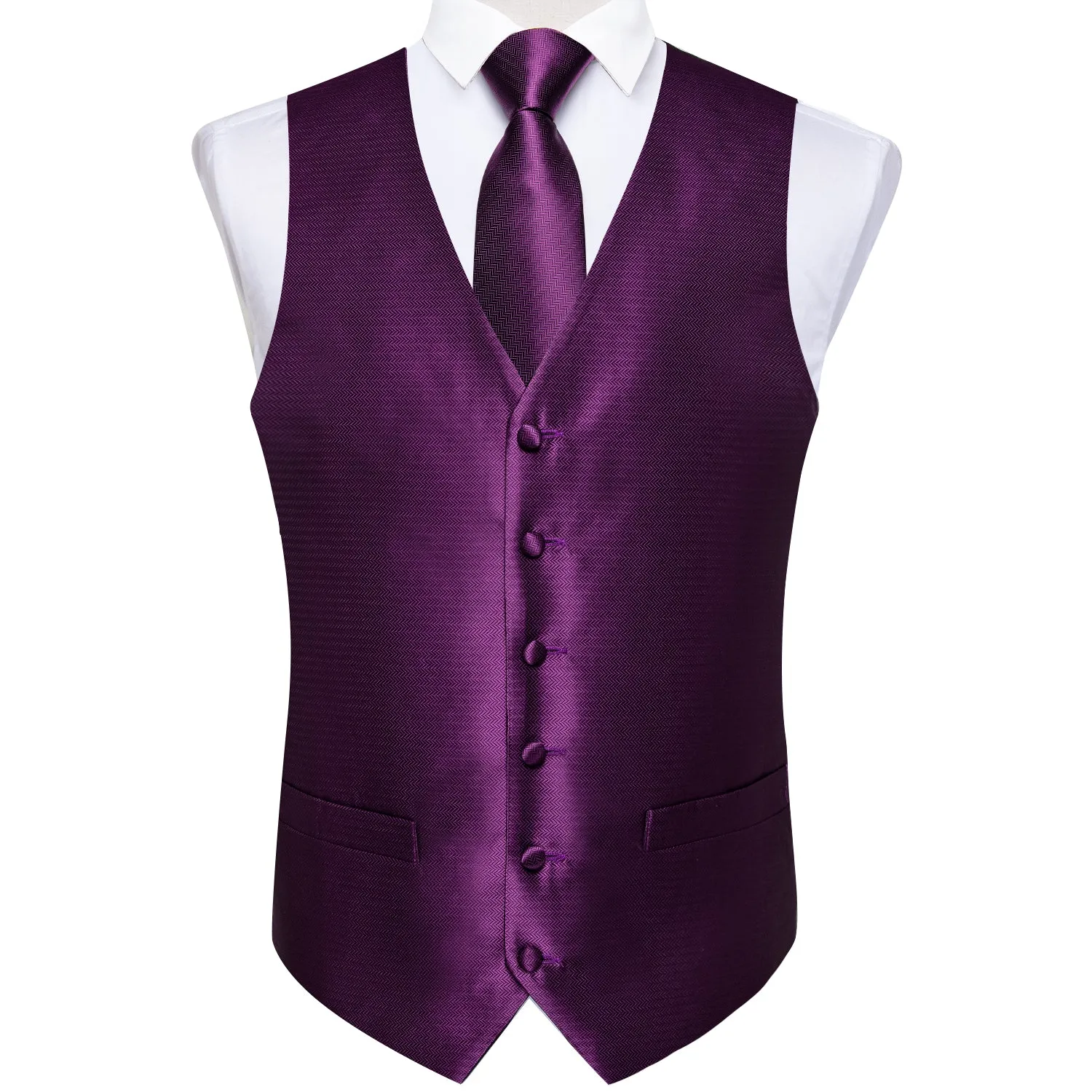 Shining Purple Solid Jacquard Silk Men's Vest Hanky Cufflinks Tie Set