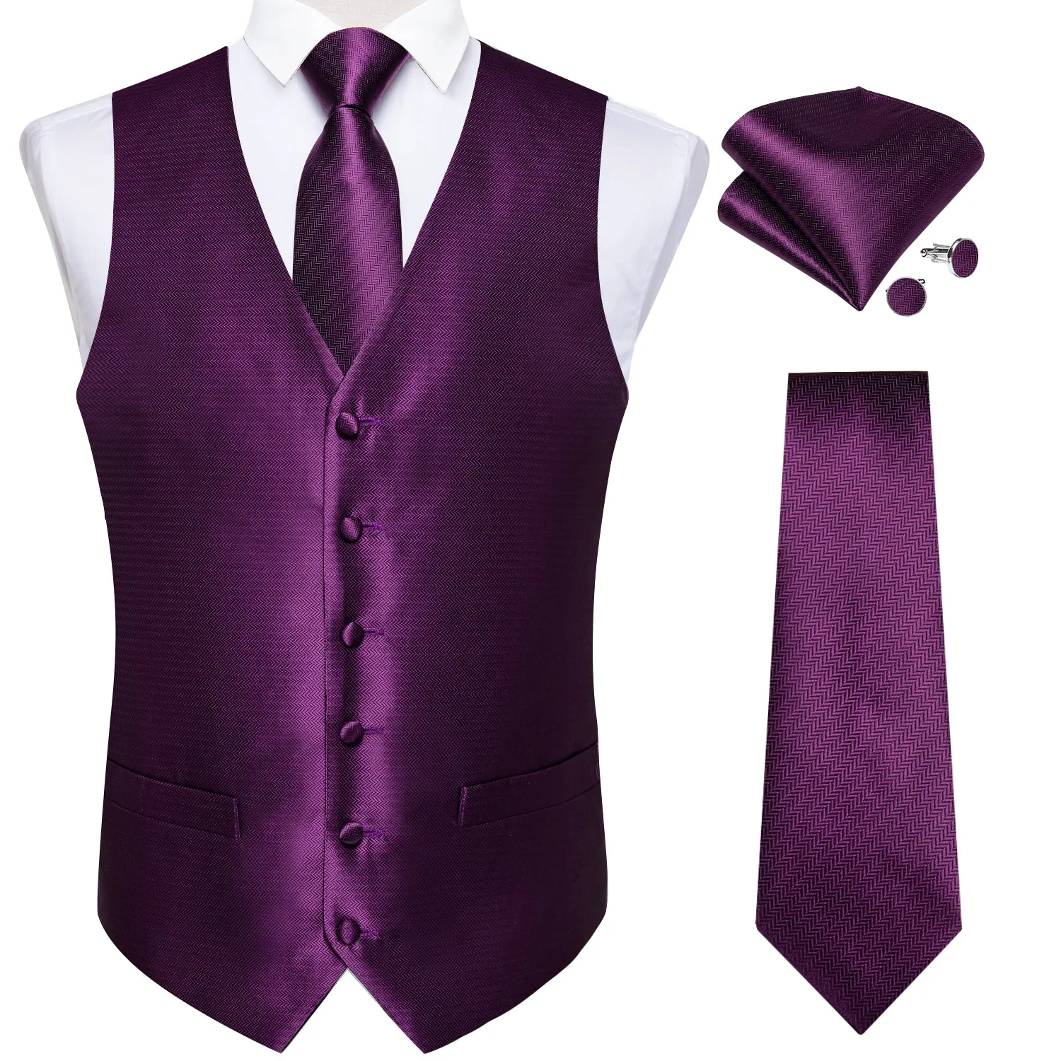 Shining Purple Solid Jacquard Silk Men's Vest Hanky Cufflinks Tie Set