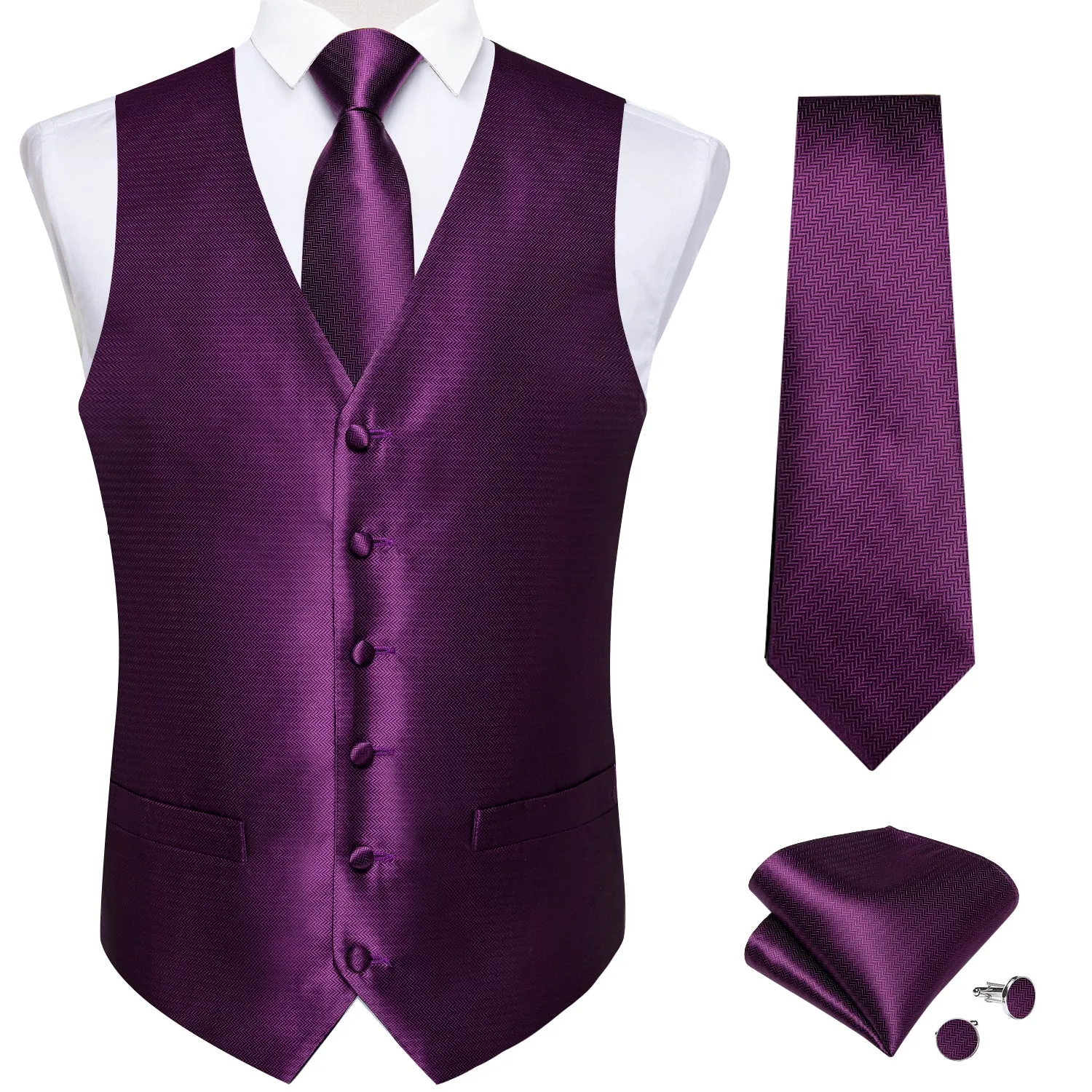 Shining Purple Solid Jacquard Silk Men's Vest Hanky Cufflinks Tie Set