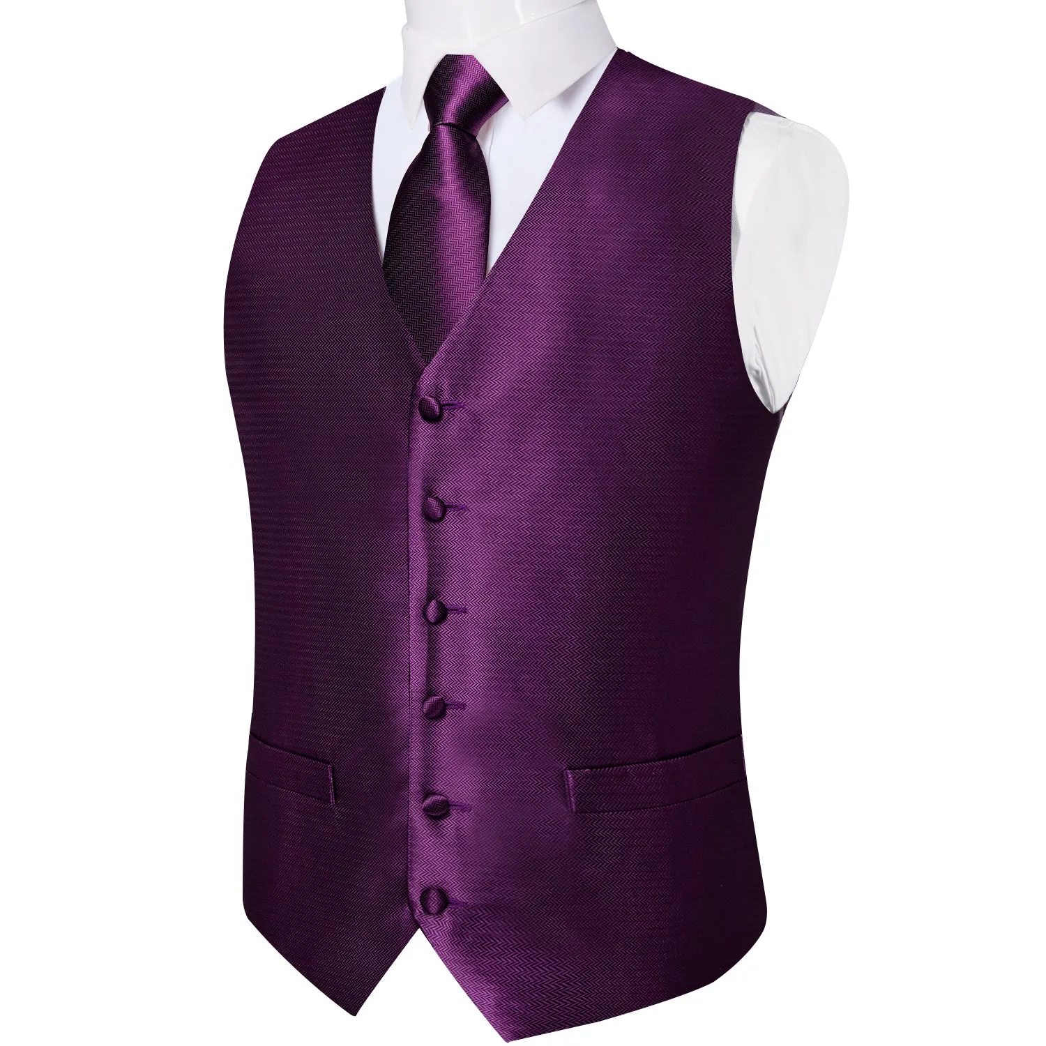 Shining Purple Solid Jacquard Silk Men's Vest Hanky Cufflinks Tie Set