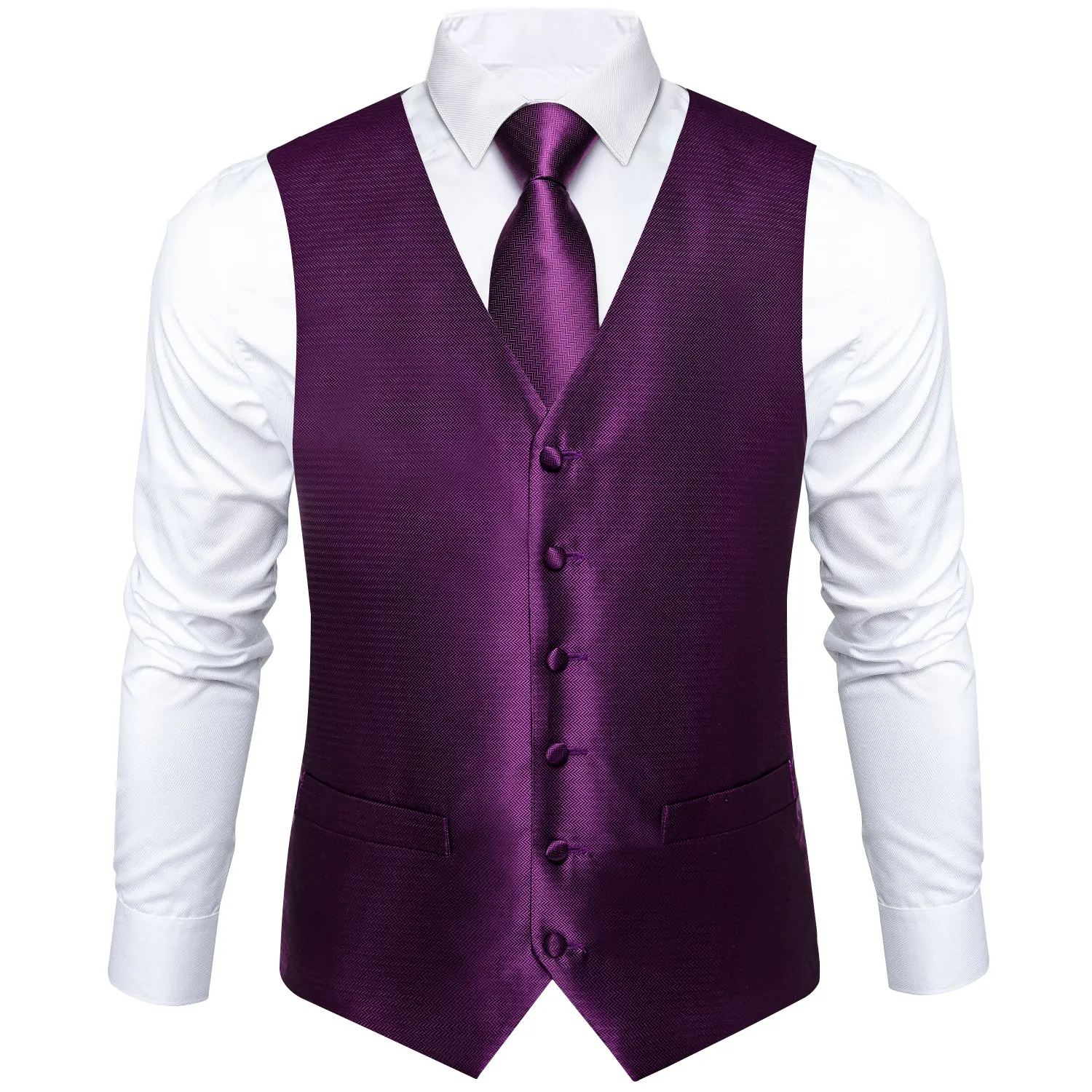 Shining Purple Solid Jacquard Silk Men's Vest Hanky Cufflinks Tie Set