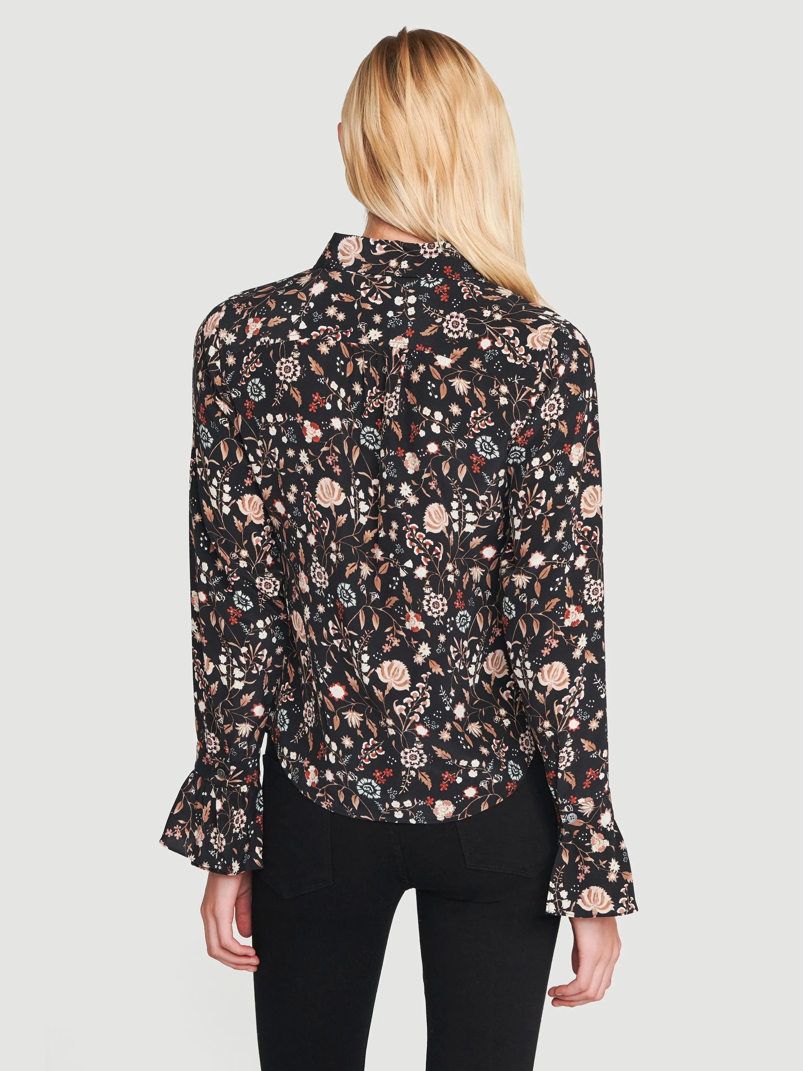 Silk Ruffle 70s Top -- Noir Multi