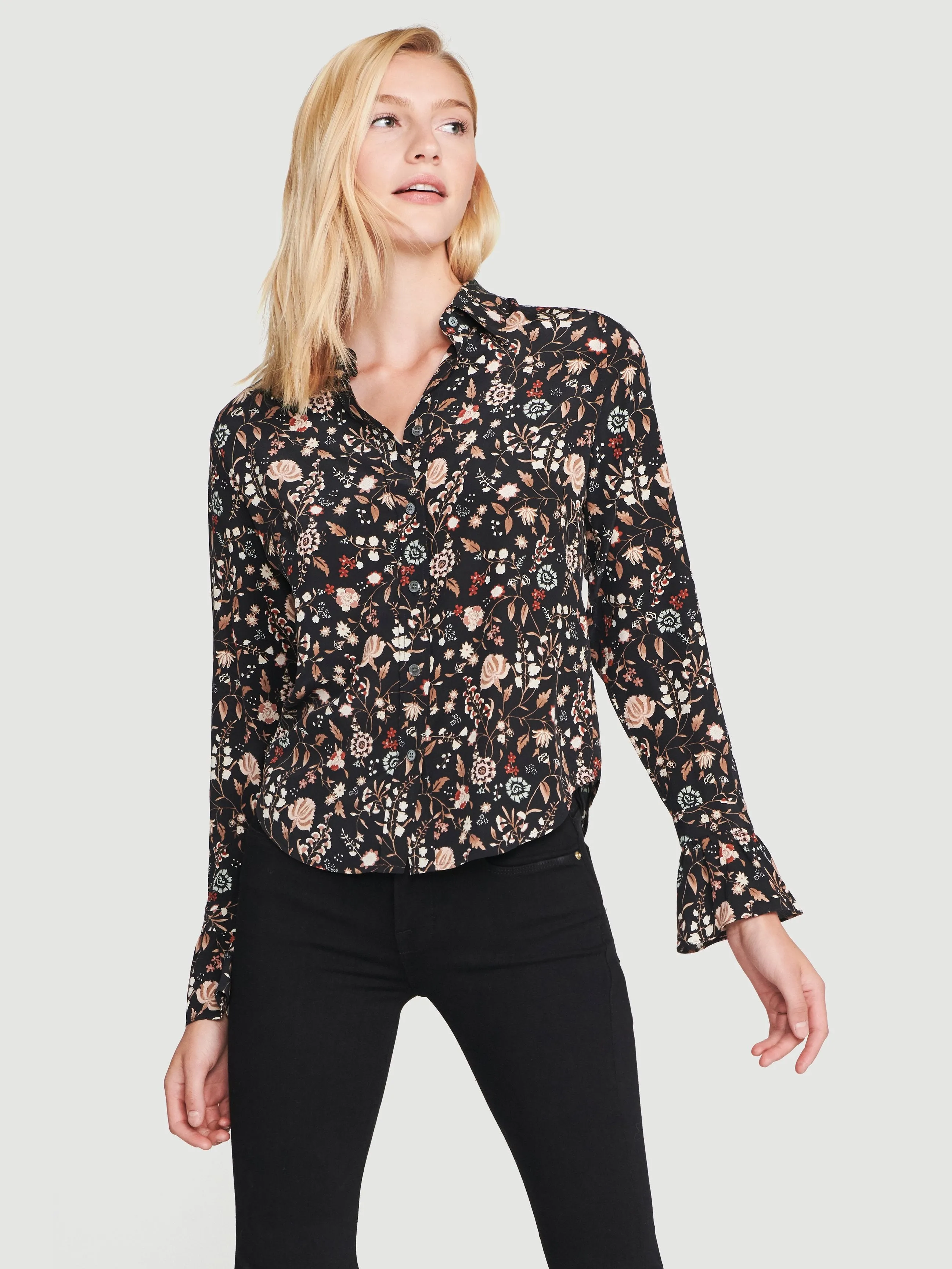 Silk Ruffle 70s Top -- Noir Multi