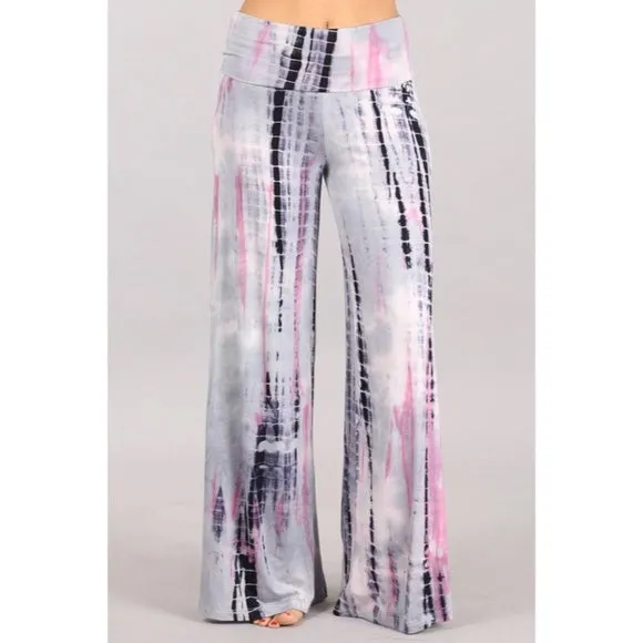 Silver Pink Tie Dye Foldover High Waist Wide Leg Palazzo Lounge Stretch Pants