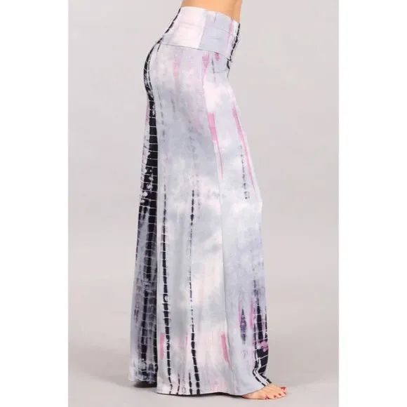 Silver Pink Tie Dye Foldover High Waist Wide Leg Palazzo Lounge Stretch Pants