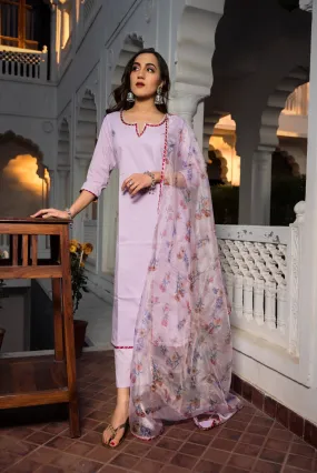 Solid Cotton Purple Kurta Palazzo Set with Floral Print Dupatta