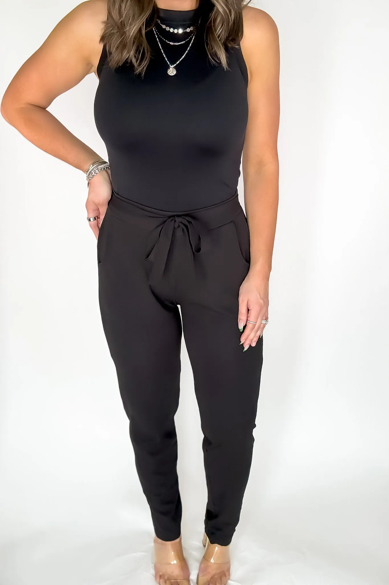 SR Basic Black Knit Crepe High Waist Self Tie Straight Pants