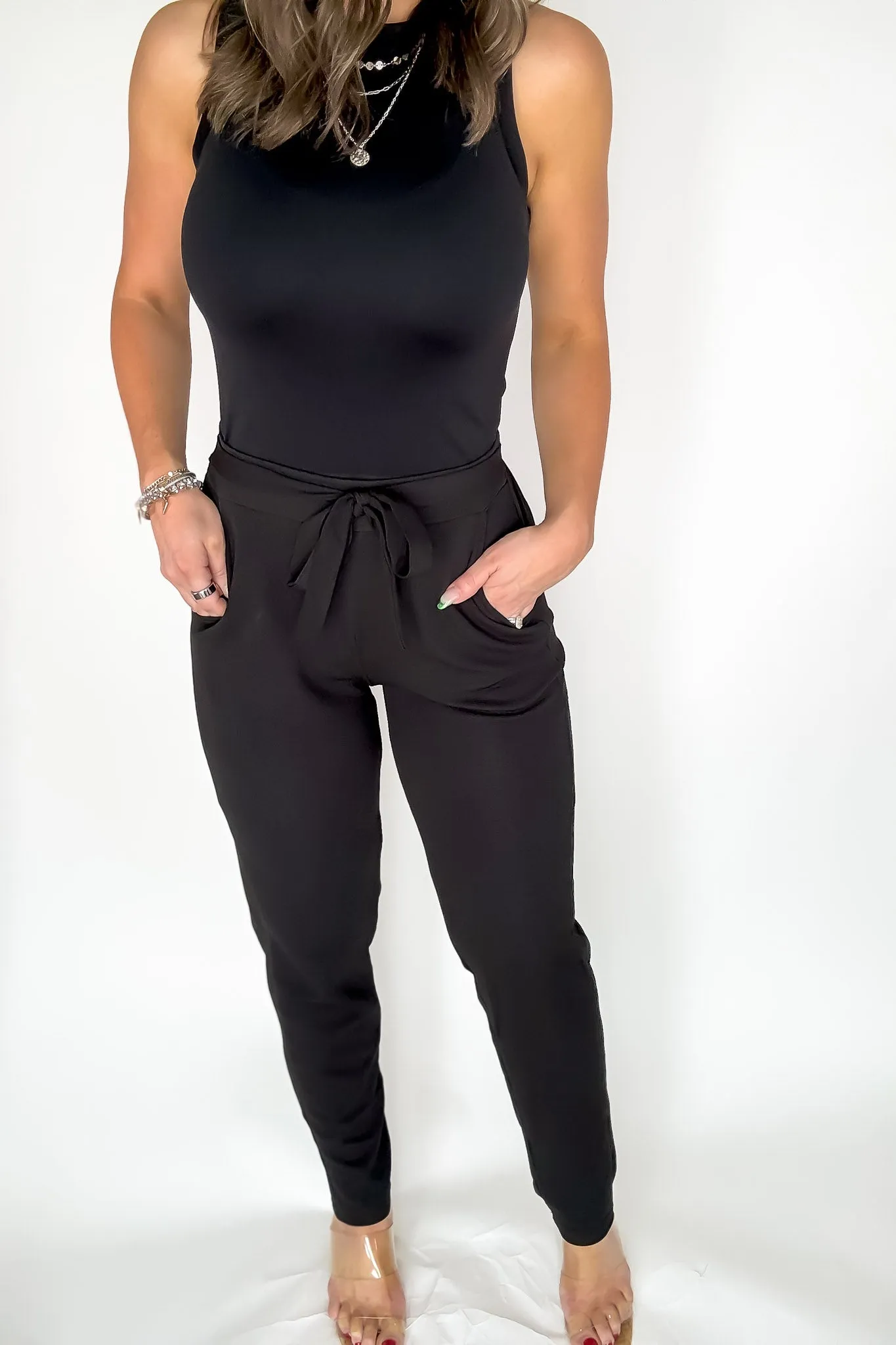 SR Basic Black Knit Crepe High Waist Self Tie Straight Pants