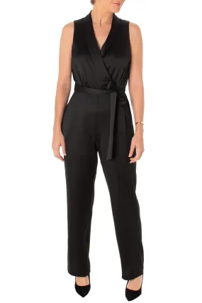 Taylor V-neck sleeveless tie waist zipper back satin jumpsuit