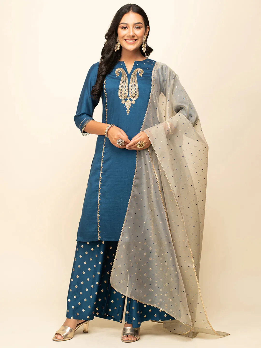 Teal Blue Silk Blend Foil Print Thread & Lace Detailing Suit Set with Organza Dupatta