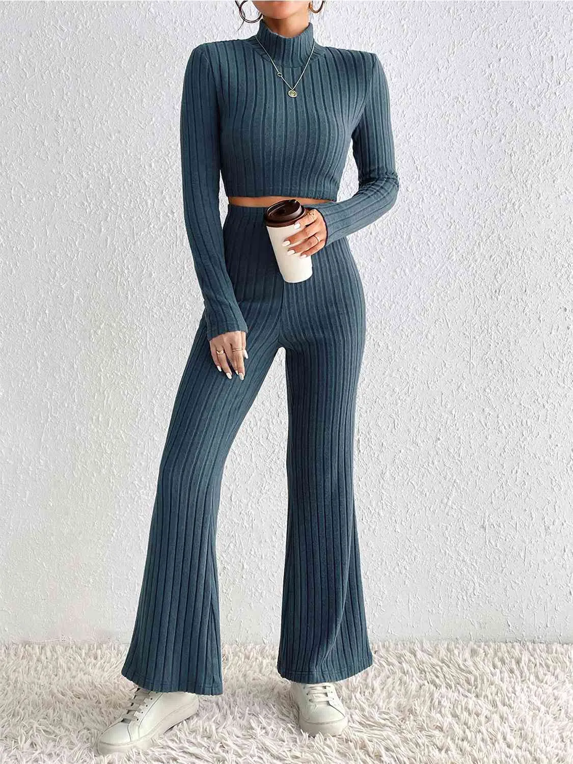 TEEK - Ribbed Mock Neck Cropped Sweater & High Waist Pants Set