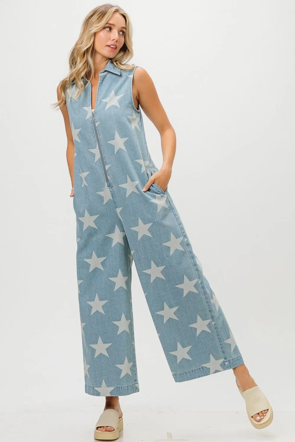 TEEK - Star Print Half Zip Sleeveless Denim Jumpsuit