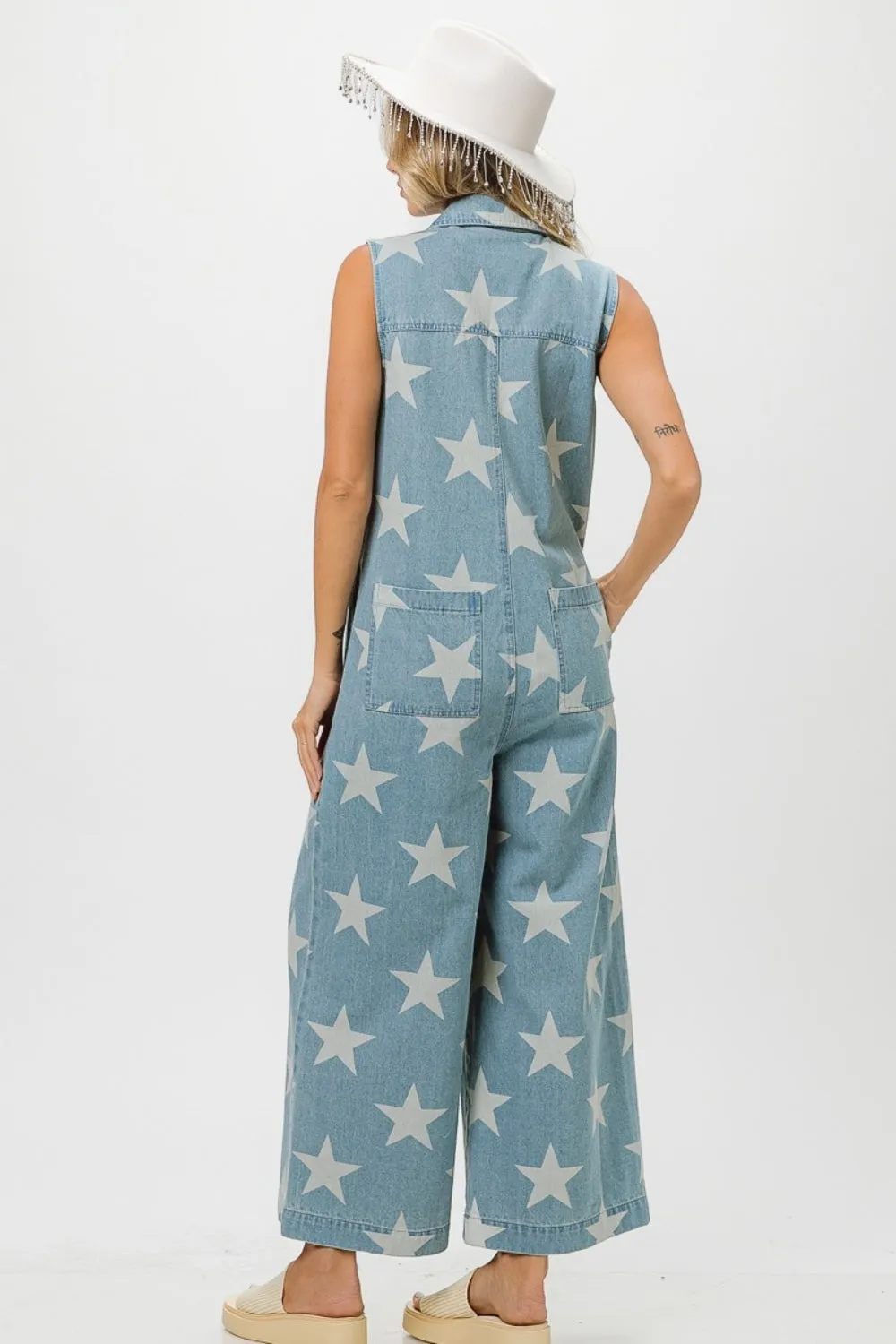 TEEK - Star Print Half Zip Sleeveless Denim Jumpsuit