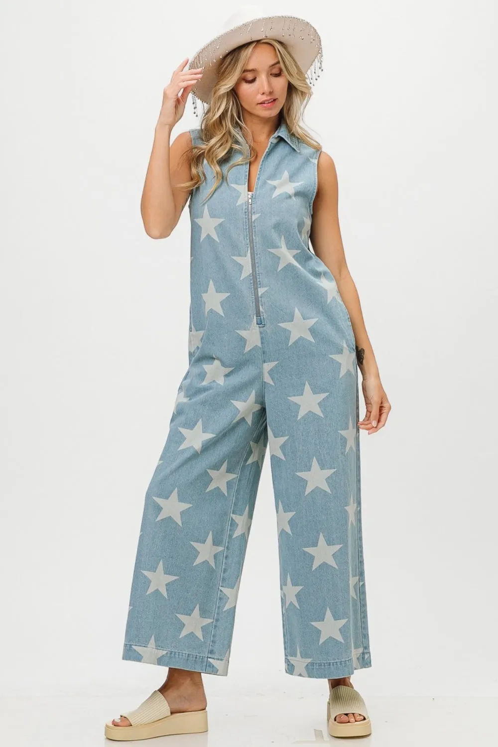 TEEK - Star Print Half Zip Sleeveless Denim Jumpsuit