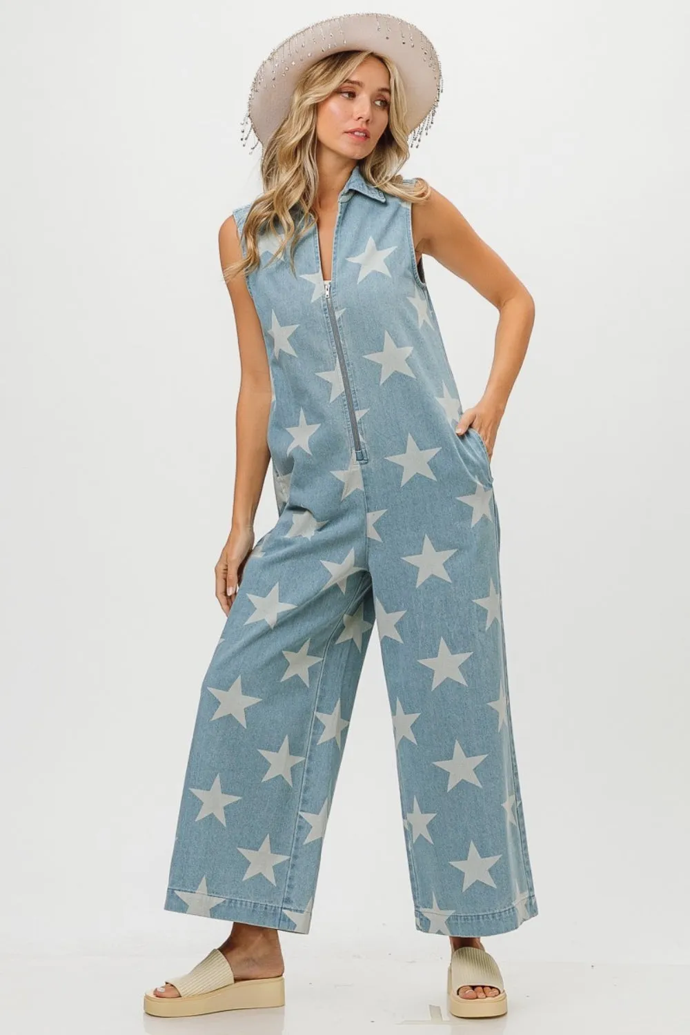 TEEK - Star Print Half Zip Sleeveless Denim Jumpsuit