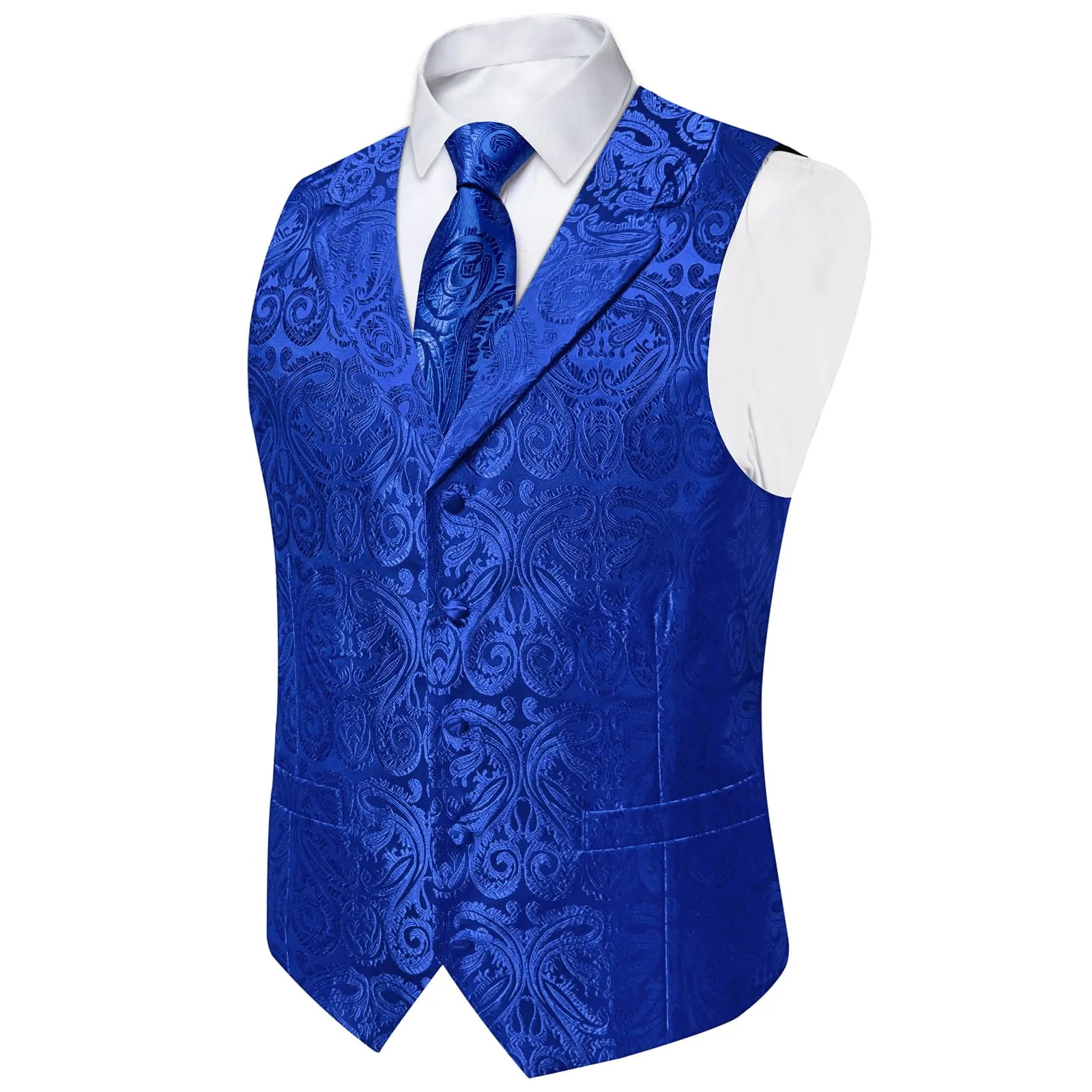 Ties2you Dress Vest Cobalt Blue Paisley Notched Collar Silk Mens Work Vest Tie Set