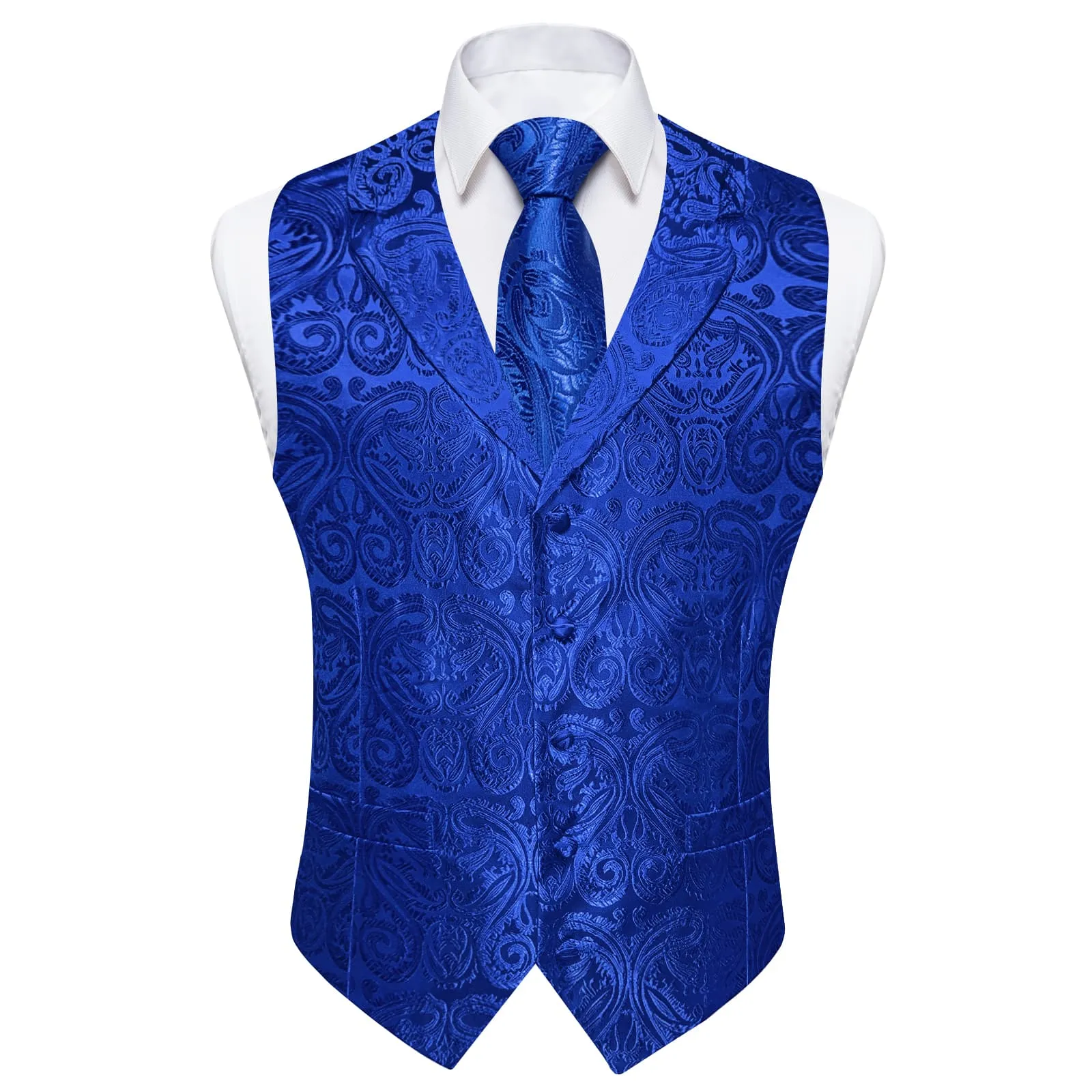 Ties2you Dress Vest Cobalt Blue Paisley Notched Collar Silk Mens Work Vest Tie Set