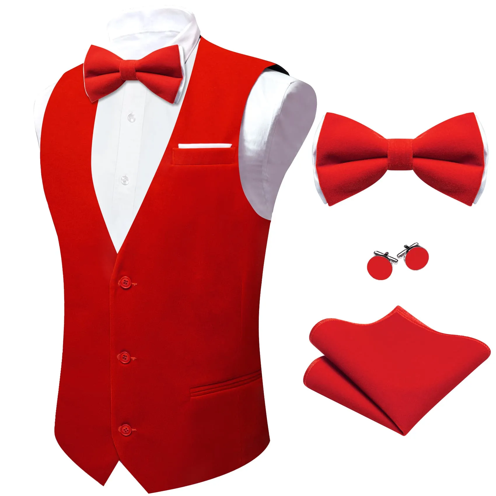 Ties2you Dress Vest Rosso Corsa Red Solid V-Neck Mens Suede Leather Vest Waistcoat Bow Tie Set