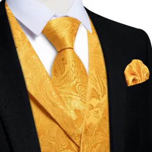 Ties2you Dress Vest Urobilin Yellow Paisley Notched Collar Silk Mens Waistcoat Tie Set