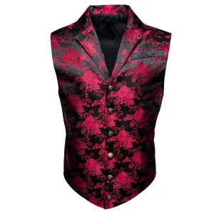 Ties2you Men's Black Vest Red Jacquard Floral Silk Notch Collar Vest