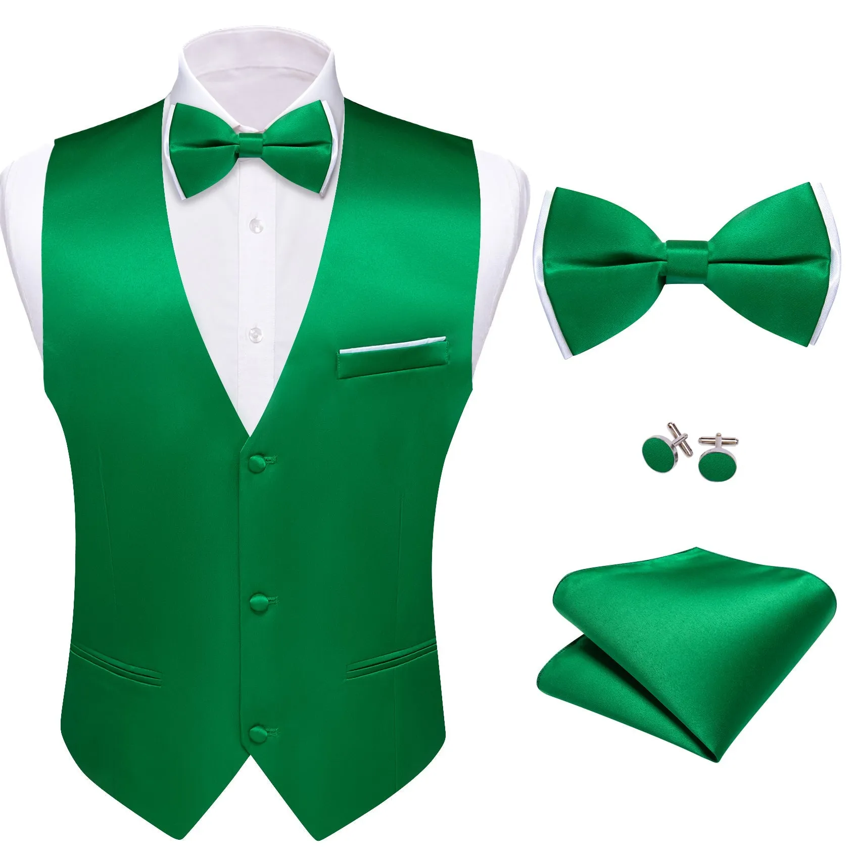 Ties2you Men's Vest Emerald Green Solid Silk Vest Bow Tie Set Waistcoat Suit Set